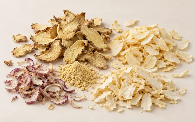 Luftgetrockneter Knoblauch Flocken, luftgetrockneter Ingwer Scheiben und luftgetrockneter Meerrettich Flocken gemeinsam dargestellt