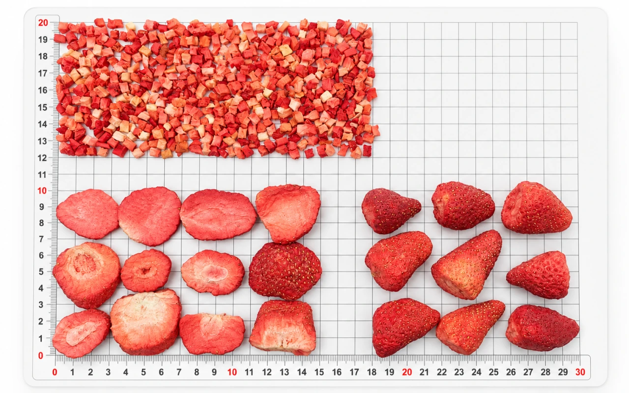 Freeze-dried strawberry dices, slices and whole fruits on a size reference grid