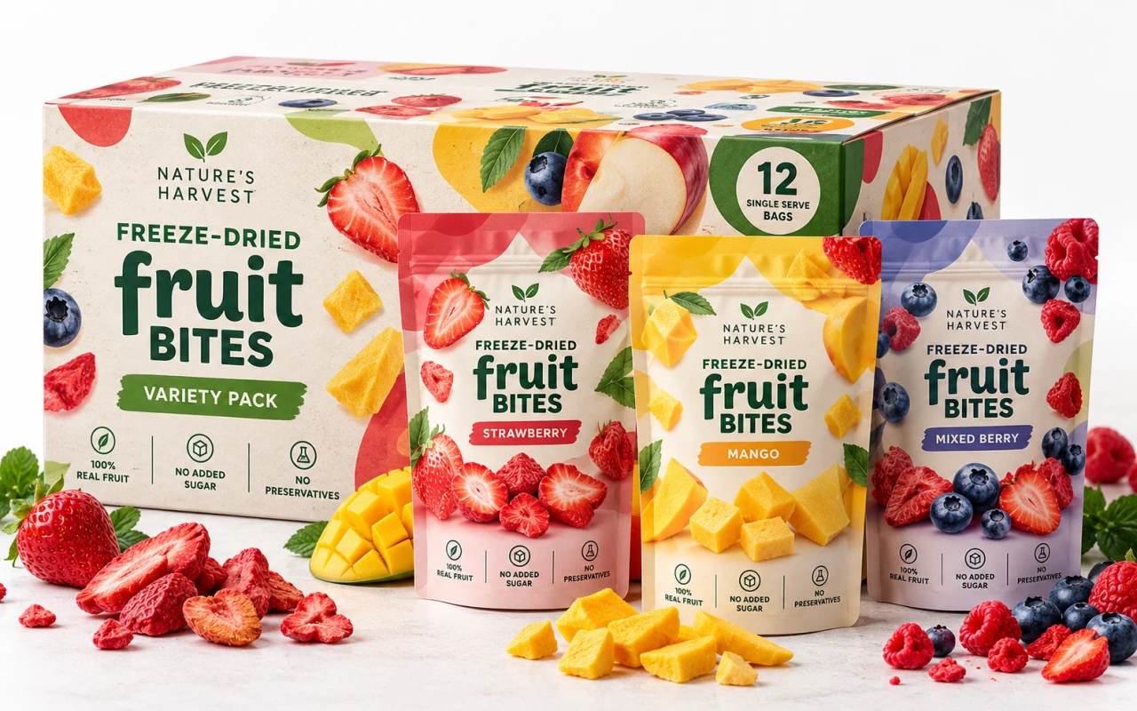 Freeze-dried fruit pouches and printed outer carton