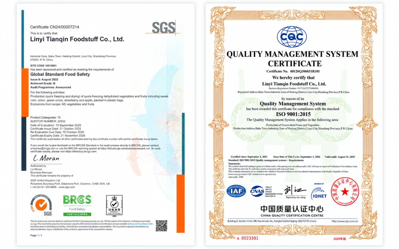 BRCGS and ISO 9001 certificates for Linyi Tianqin Foodstuff Co., Ltd.